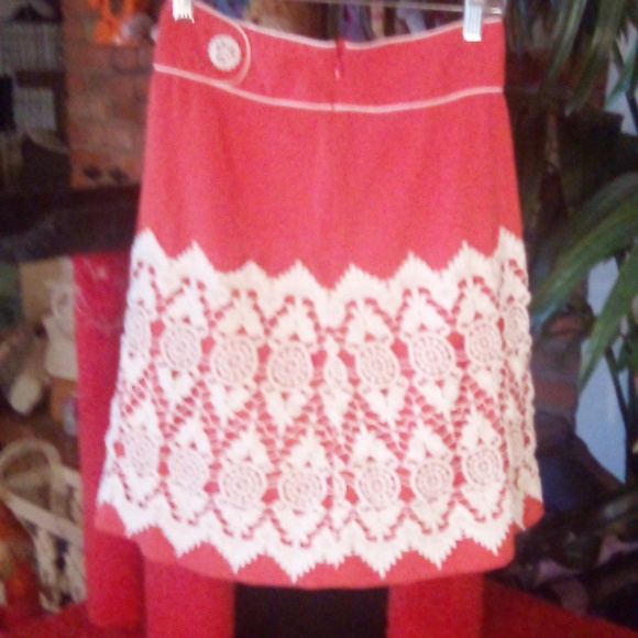 Anthropologie Coral A Line Skirt w/ White Lace Overlay Size 0 - Picture 2 of 3